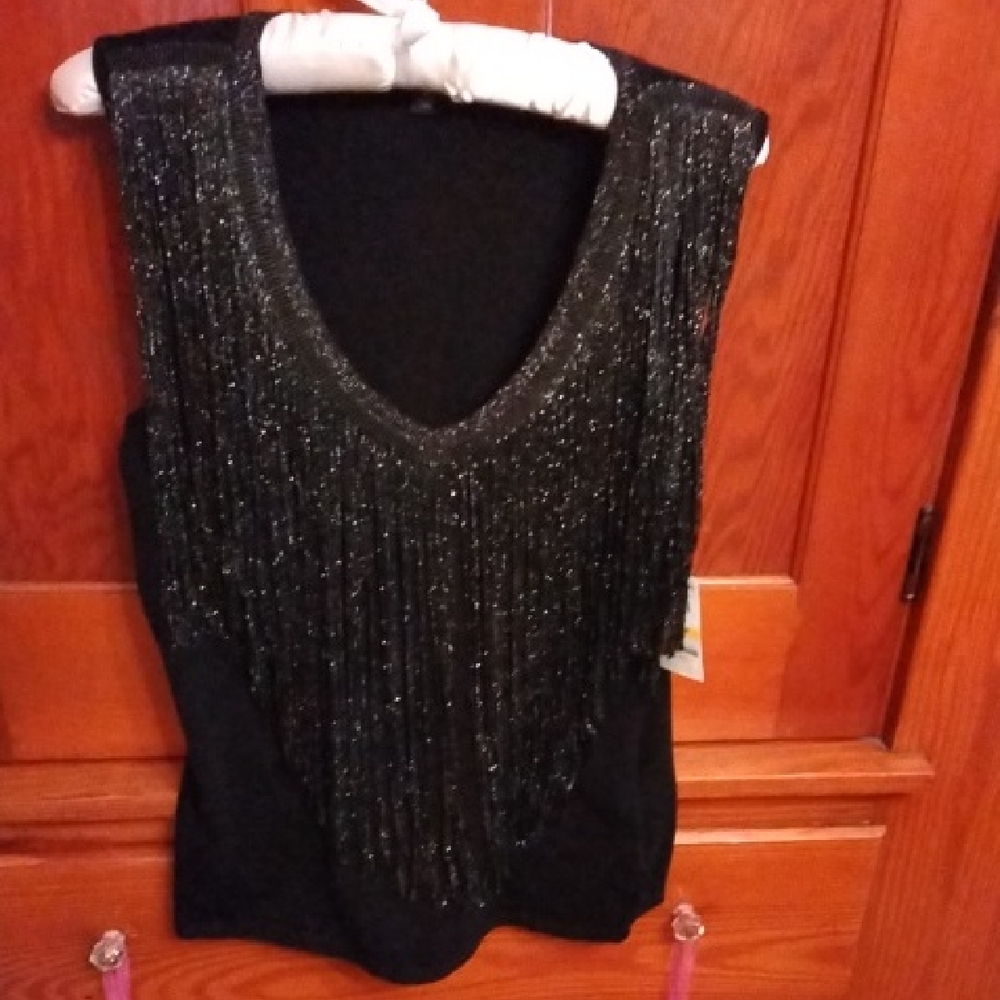 Black Sleeveless Top Fringe Sparkle Tank Top